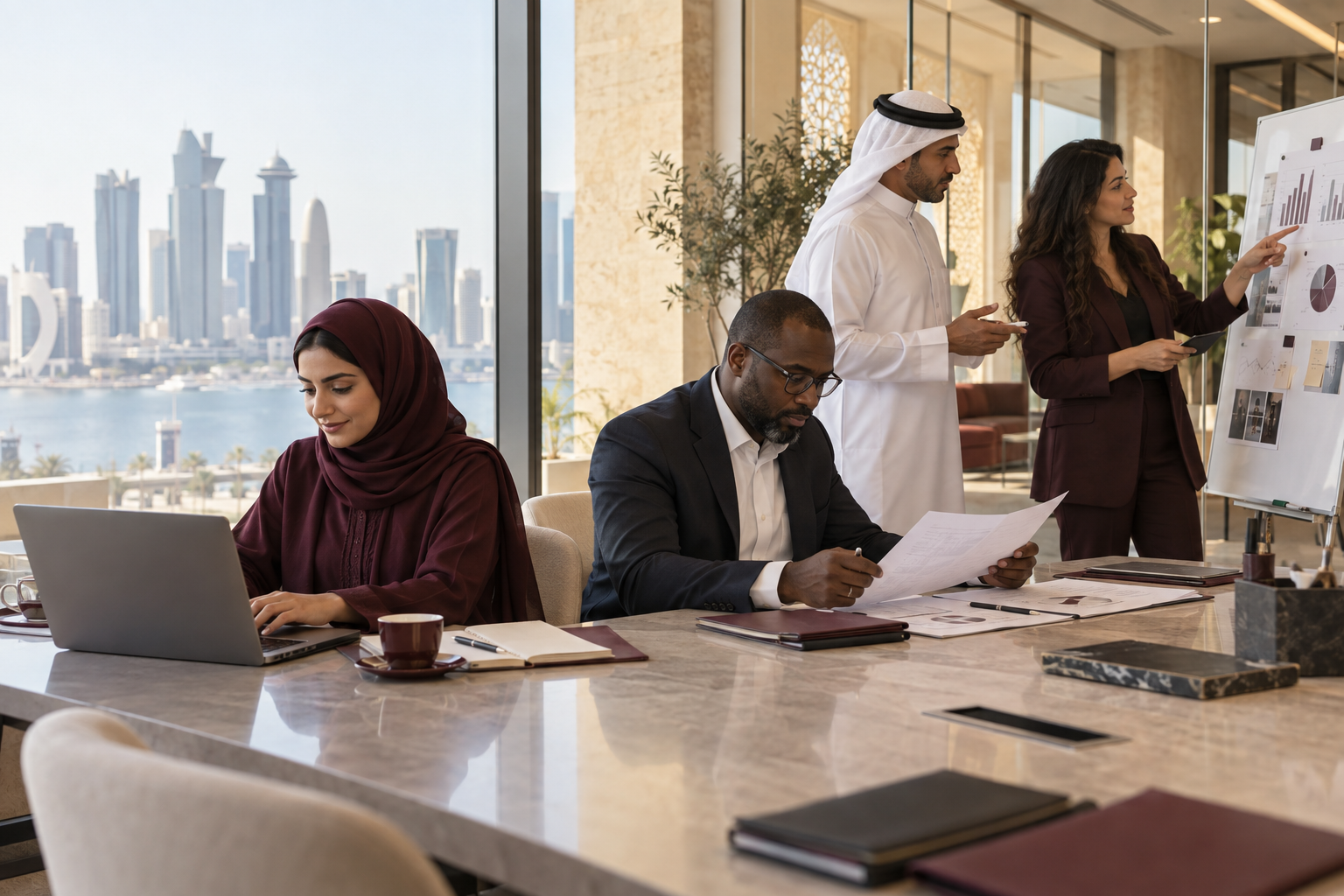 A business team collaborating in a modern Doha office
